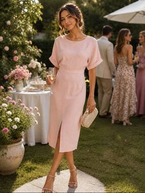 ASOS Light Pink Short Sleeve Midi Dress US 8 Wedding Guest Tea Party